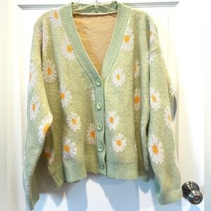 Green Daisy-Print V-Neck Cardigan Sweater